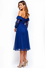 Dreamyannie Off The Shoulder Chiffon Royal Blue Wedding Guest Dress Knee-Length Formal Dress