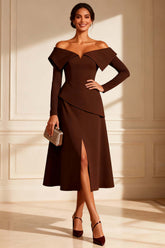 Dreamyannie Off The Shoulder Chocolate A Line Midi Mother Of The Bride Dress With Slit