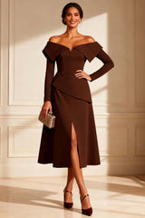 Dreamyannie Off The Shoulder Chocolate A Line Midi Mother Of The Bride Dress With Slit