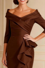 Dreamyannie Off The Shoulder Chocolate Ruffled Satin Long Mother Of The Bride Dress With Sleeves