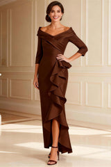 Dreamyannie Off The Shoulder Chocolate Ruffled Satin Long Mother Of The Bride Dress With Sleeves
