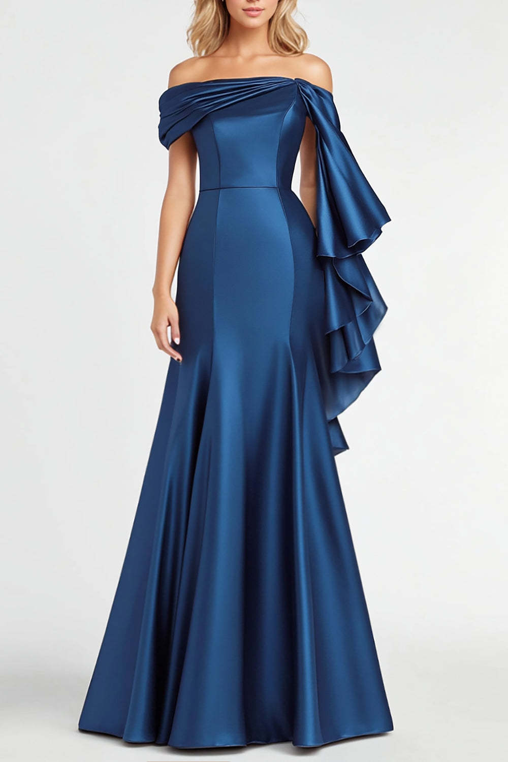 Dreamyannie Off The Shoulder Dark Blue Wedding Guest Dress Mermaid Satin Long Formal Dress With Ruffles