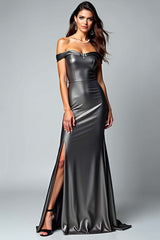 Dreamyannie Off The Shoulder Dark Grey Sheath Long Formal Dress With Slit