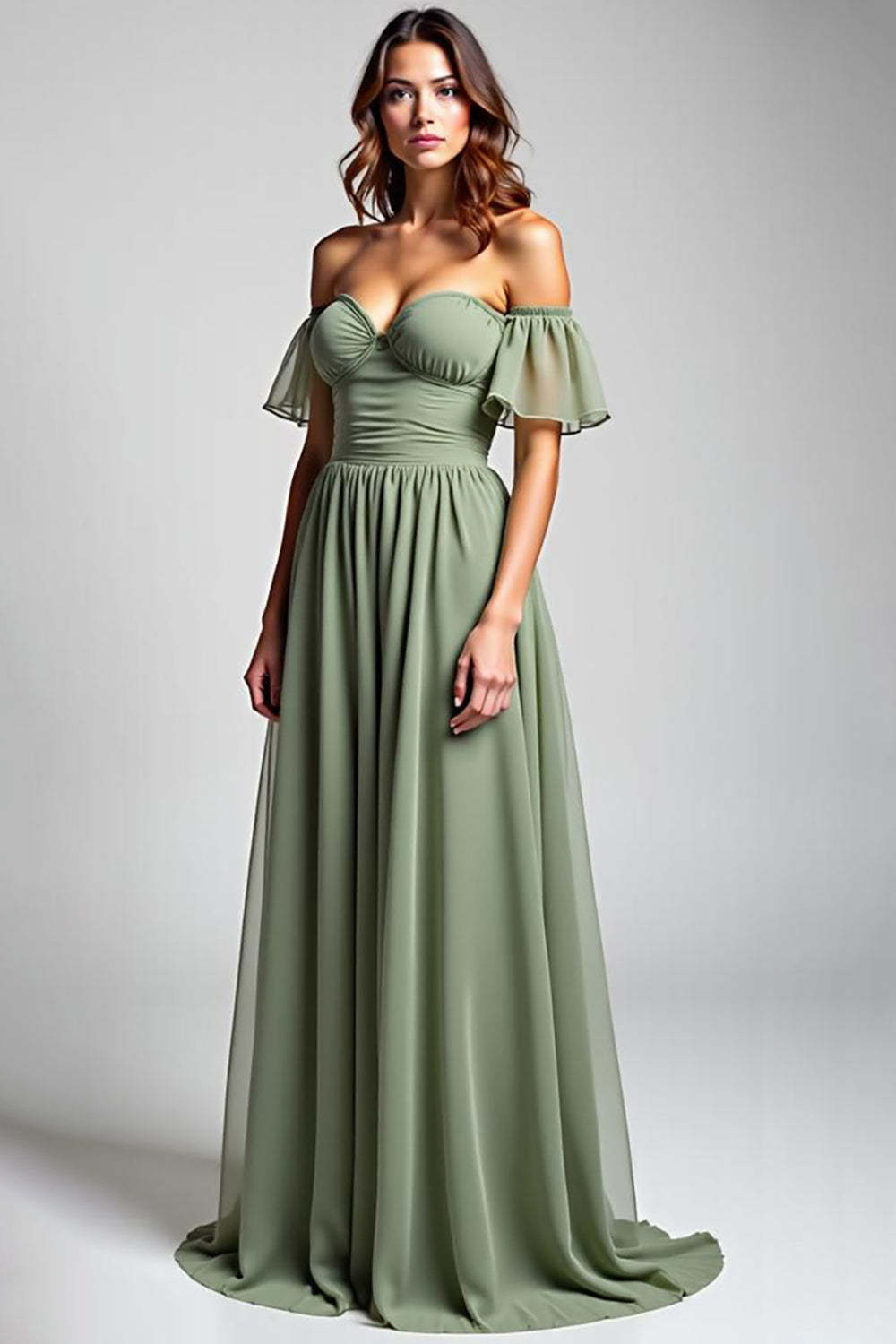 Dreamyannie Off The Shoulder Dusty Sage Wedding Guest Dress Long Chiffon Formal Dress