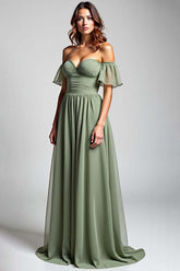 Dreamyannie Off The Shoulder Dusty Sage Wedding Guest Dress Long Chiffon Formal Dress