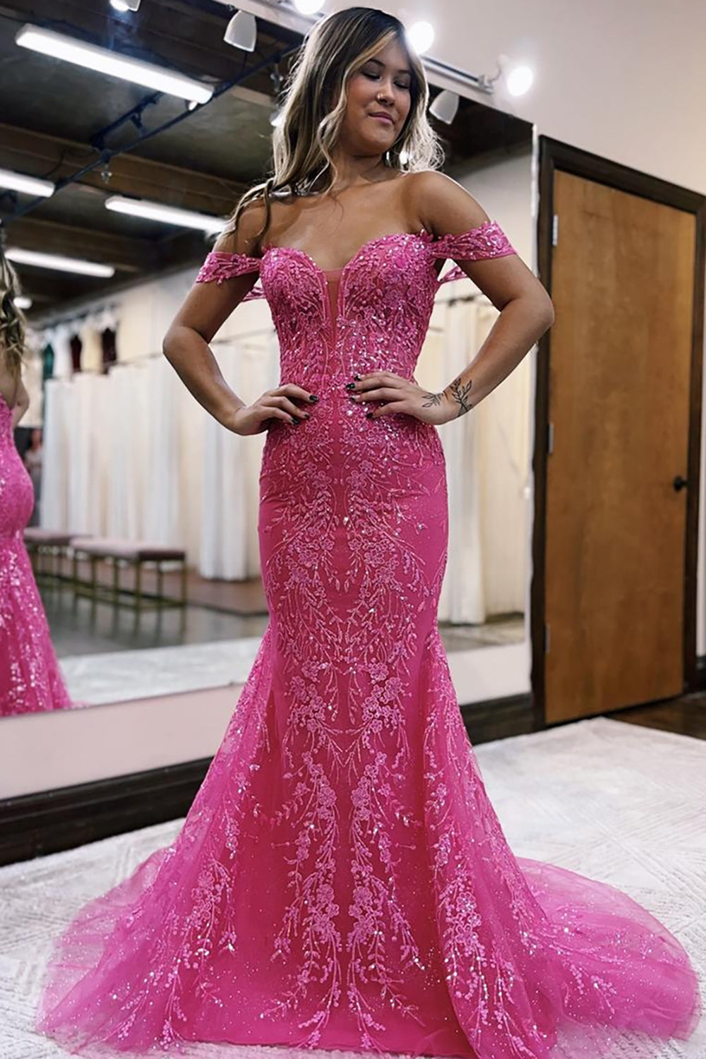 Dreamyannie Off The Shoulder Fuchsia Prom Dress Mermaid Evening Dress With Lace