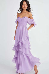 Dreamyannie Off The Shoulder Lilac Ruffled Long Formal Dress