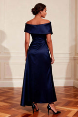 Dreamyannie Off The Shoulder Navy Satin A Line Long Mother Of The Bride Dress With Slit