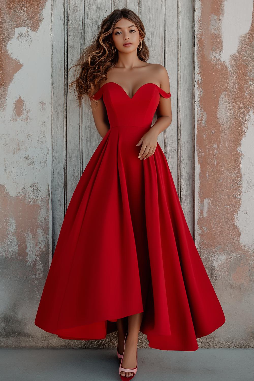 Dreamyannie Off The Shoulder Red Wedding Guest Dress A Line Formal Dress