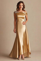 Dreamyannie Off The Shoulder Sheath Gold Satin Long Formal Dress