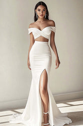 Dreamyannie Off The Shoulder White Ruched Formal Dress With Slit