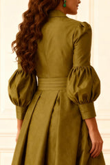 Dreamyannie Olive Notched Lapel Puff Sleeves 2 Piece Mother Of The Bride Pant Suits With Jacket