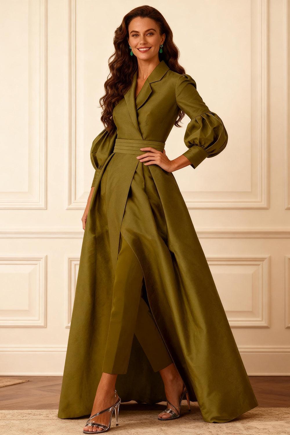 Dreamyannie Olive Notched Lapel Puff Sleeves 2 Piece Mother Of The Bride Pant Suits With Jacket