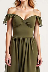 Dreamyannie Olive Wedding Guest Dress Chiffon Long Off The Shoulder Formal Dress