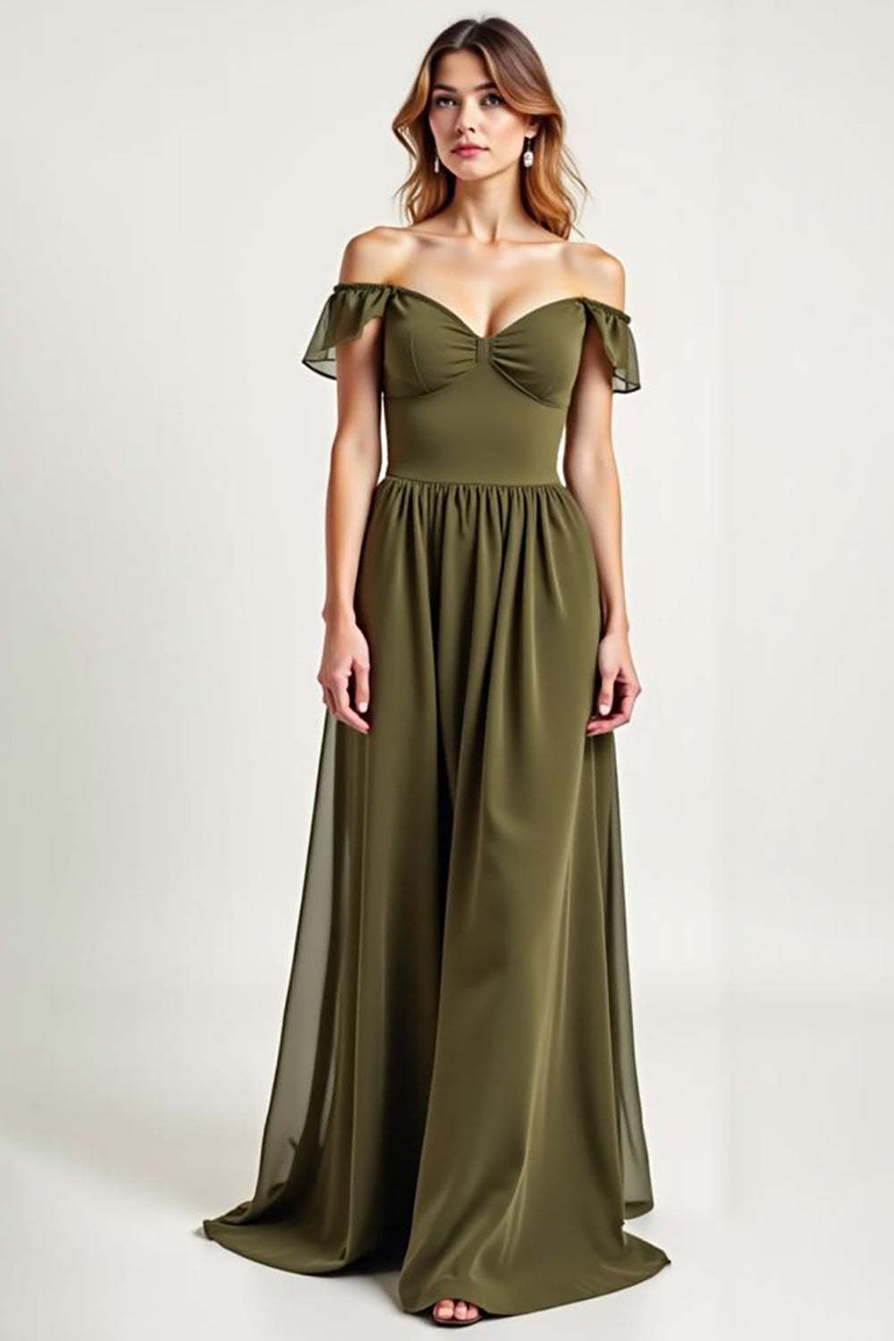 Dreamyannie Olive Wedding Guest Dress Chiffon Long Off The Shoulder Formal Dress