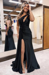 Dreamyannie One Shoulder Black Prom Dress Satin Long Evening Dress With Slit