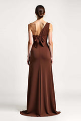 Dreamyannie One Shoulder Brown Sheath Long Formal Dress With Bow