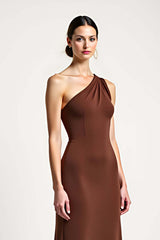 Dreamyannie One Shoulder Brown Sheath Long Formal Dress With Bow