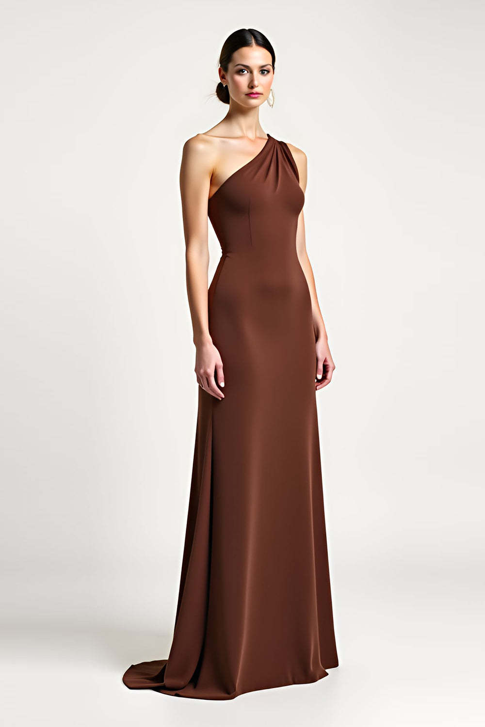 Dreamyannie One Shoulder Brown Sheath Long Formal Dress With Bow