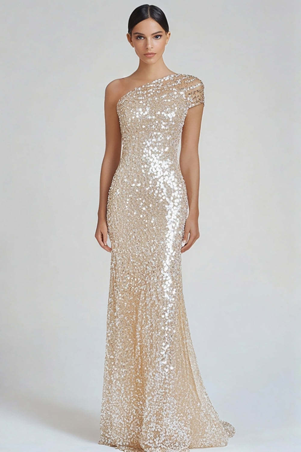 Dreamyannie One Shoulder Champagne Wedding Guest Dress Sheath Long Formal Dress