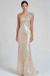 Dreamyannie One Shoulder Champagne Wedding Guest Dress Sheath Long Formal Dress