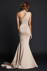 Dreamyannie One Shoulder Khaki Wedding Guest Dress Mermaid Long Formal Dress