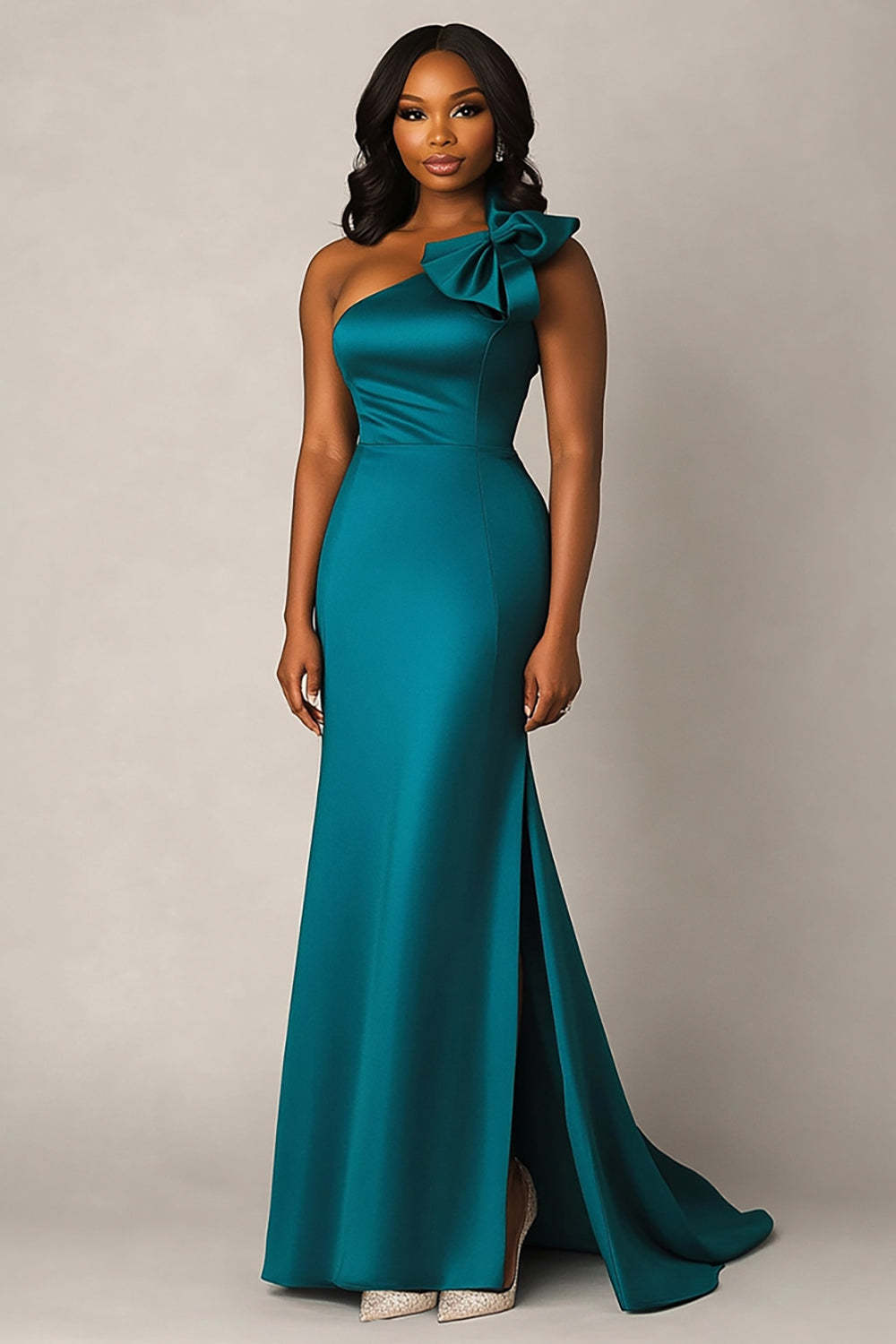 Dreamyannie One Shoulder Peacock Satin Long Formal Dress With Bowknot