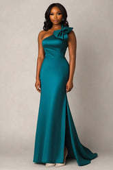 Dreamyannie One Shoulder Peacock Satin Long Formal Dress With Bowknot