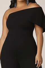 Dreamyannie One Shoulder Plus Size Black Wedding Guest Dress Long Formal Jumpsuit