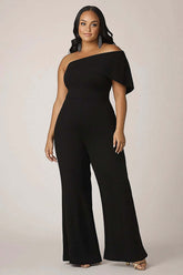 Dreamyannie One Shoulder Plus Size Black Wedding Guest Dress Long Formal Jumpsuit