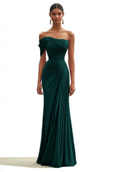 Dreamyannie One Shoulder Ruched Mermaid Dark Green Wedding Guest Dress Long Formal Dress