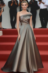 Dreamyannie One Shoulder Satin A Line Steel Grey Long Gala Dress