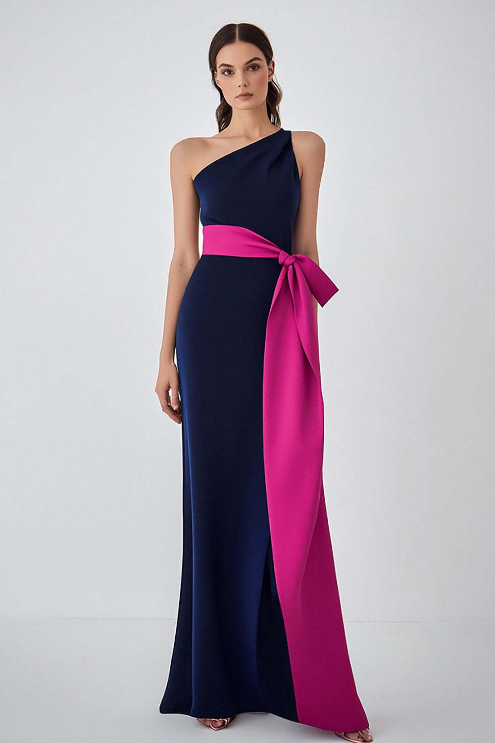 Dreamyannie One Shoulder Satin Navy Fuchsia Wedding Guest Dress Long Formal Dress