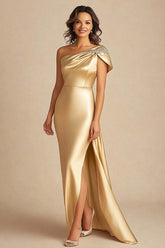 Dreamyannie One Shoulder Sheath Gold Long Formal Dress With Slit