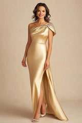 Dreamyannie One Shoulder Sheath Gold Long Formal Dress With Slit
