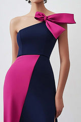 Dreamyannie One Shoulder Sheath Navy Fuchsia Wedding Guest Dress Long Formal Dress With Slit