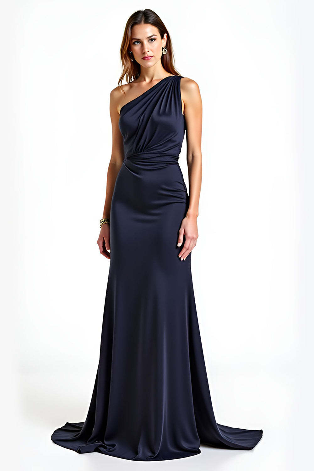 Dreamyannie One Shoulder Sheath Navy Wedding Guest Dress Long Formal Dress
