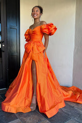 Dreamyannie Orange Prom Dress A-Line Off The Shoulder Ruffles Long Evening Dress With Slit
