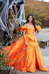 Dreamyannie Orange Prom Dress A-Line Off The Shoulder Ruffles Long Evening Dress With Slit