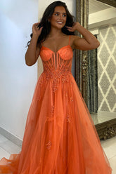 Dreamyannie Orange Prom Dress Floral A-Line Spaghetti Straps Long Evening Dress