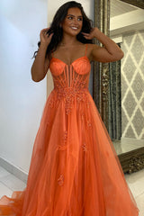 Dreamyannie Orange Prom Dress Floral A-Line Spaghetti Straps Long Evening Dress