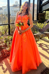 Dreamyannie Orange Prom Dress Floral Corset A-Line Long Evening Dress