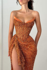 Dreamyannie Orange Strapless Sequin Prom Dress With Corset And Slit Formal Evening Gown