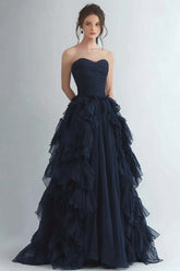 Dreamyannie Organza Navy Wedding Guest Dress Strapless A Line Formal Dress With Ruffles