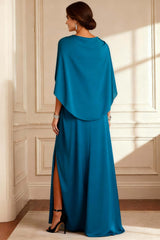 Dreamyannie Peacock Blue Chiffon Beaded Long Mother Of The Bride Dress With Cape