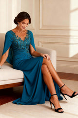 Dreamyannie Peacock Blue Chiffon Beaded Long Mother Of The Bride Dress With Cape