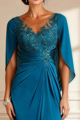 Dreamyannie Peacock Blue Chiffon Beaded Long Mother Of The Bride Dress With Cape