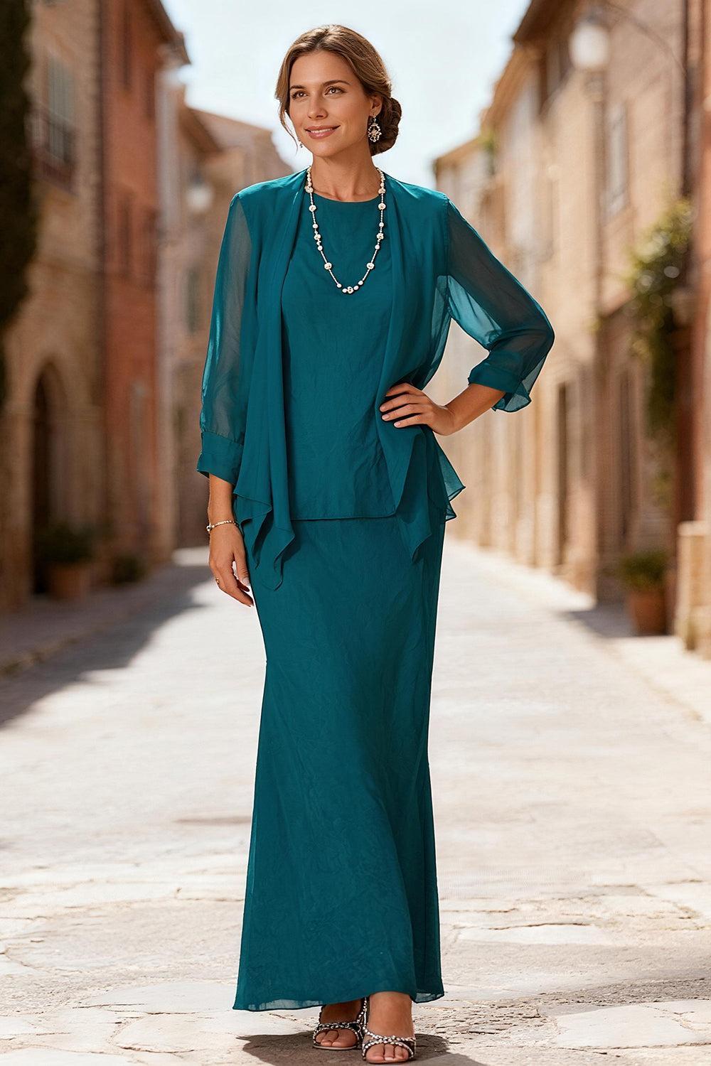 Dreamyannie Peacock Blue Chiffon Boat Neck Floor Length 3 Piece Mother Of The Bride Dress With Jacket