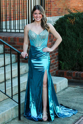 Dreamyannie Peacock Blue Prom Dress Corset Sweetheart Long Evening Dress With Slit