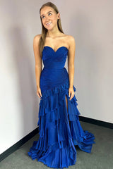 Dreamyannie Peacock Blue Prom Dress Ruffled Sweetheart Formal Dress With Slit